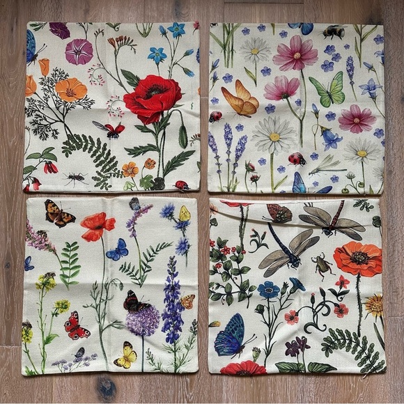 Set of 4 Floral and Butterfly Print Pillow Covers Square Pillowcases - 16 Inches - Picture 2 of 8